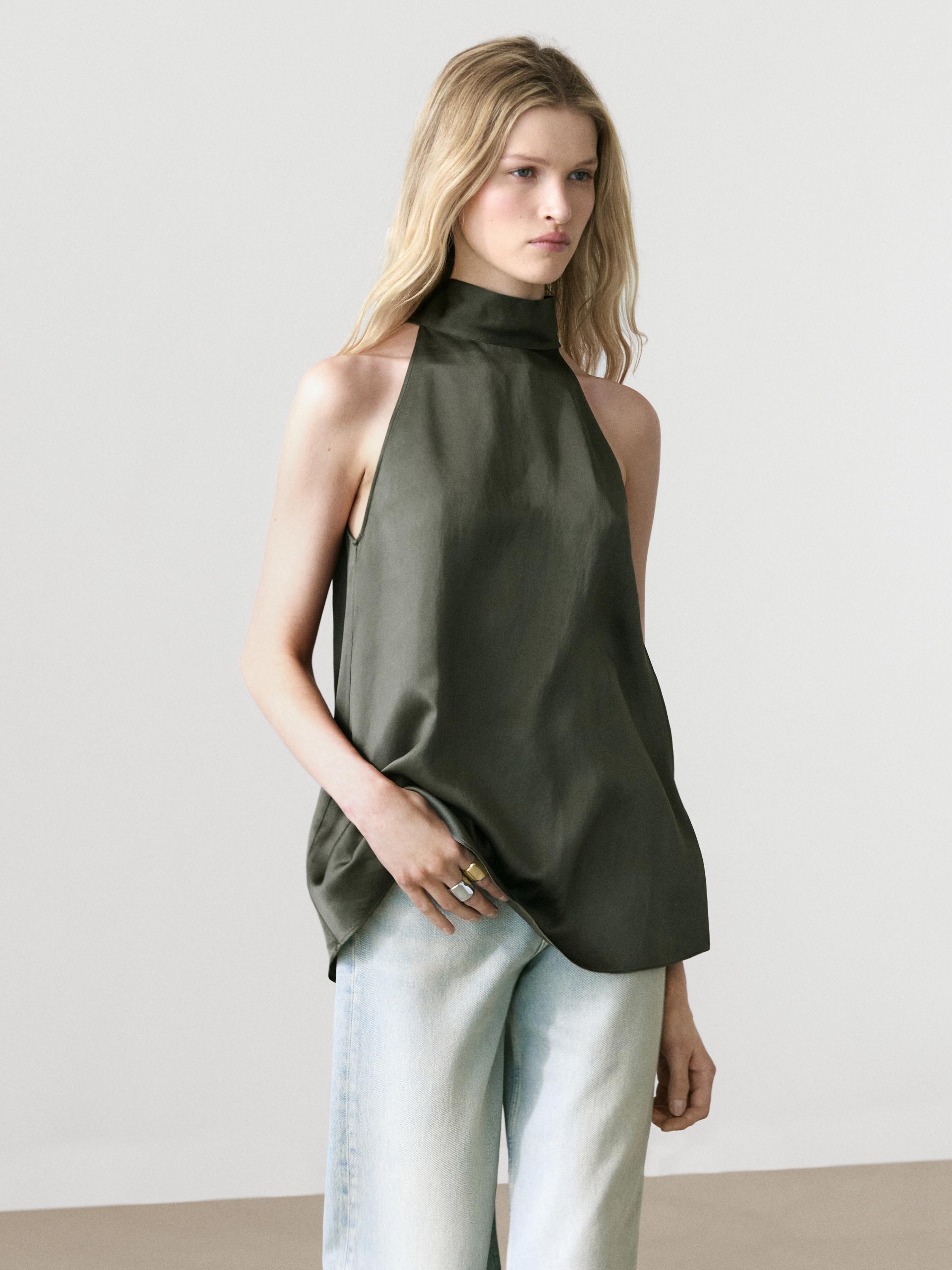 Satin halter top with tie detail